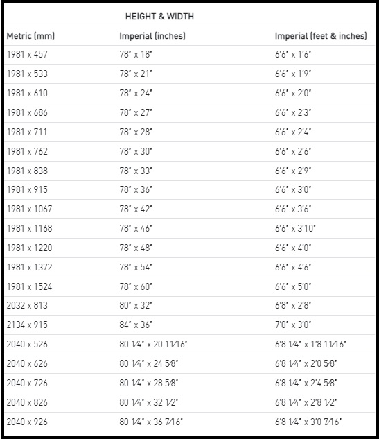 Pocket Door Size Chart